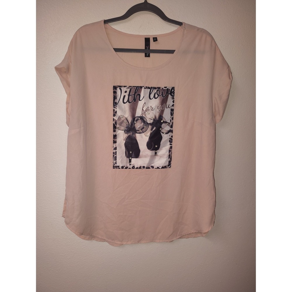 Trende Peach Pink With Love For You Graphic Top Rhinestone Heels‎ Blouse 1X